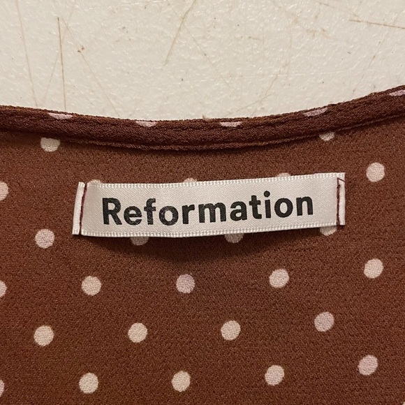 Reformation Lucky Wrap Mini Dress in Cappuccino Brown & White Polka Dot Print - Picture 9 of 14